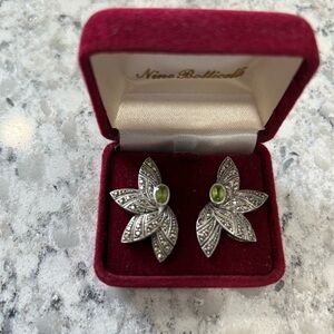 Gorgeous Sterling Silver Marcasite w/ Genuine Green Peridot  Post Stud Earrings